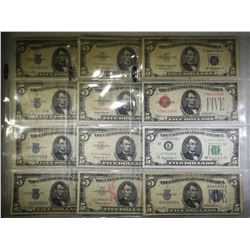 LOT OF 12 $5 RED SEAL, SILVER CERTIFICATES & FRN