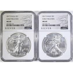 2 2017 AMERICAN SILVER EAGLES NGC MS-69