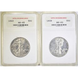 LOT OF 2 CCGS GRADED WALKING LIBERTY HALF DOLLARS