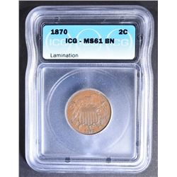 1870 2-CENT PIECE ICG MS-61 BN LAMINATION