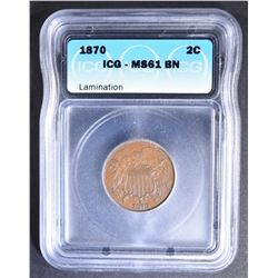 1870 2-CENT PIECE  ICG MS-61 BN LAMINATION