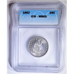 1862 SEATED LIBERTY QUARTER ICG MS-63
