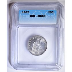 1862 SEATED LIBERTY QUARTER  ICG MS-63