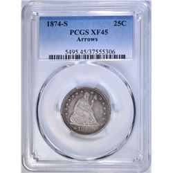 1874-S ARROWS SEATED QUARTER, PCGS XF-45