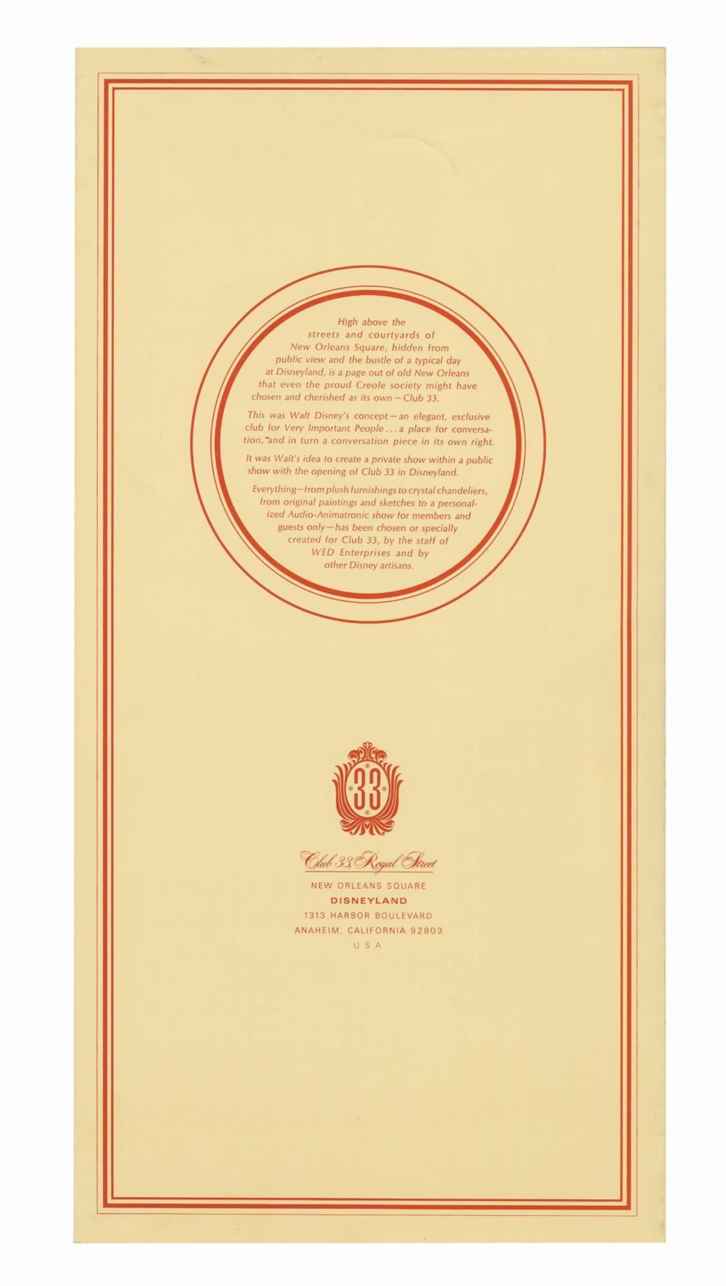 Early Club 33 Menu.