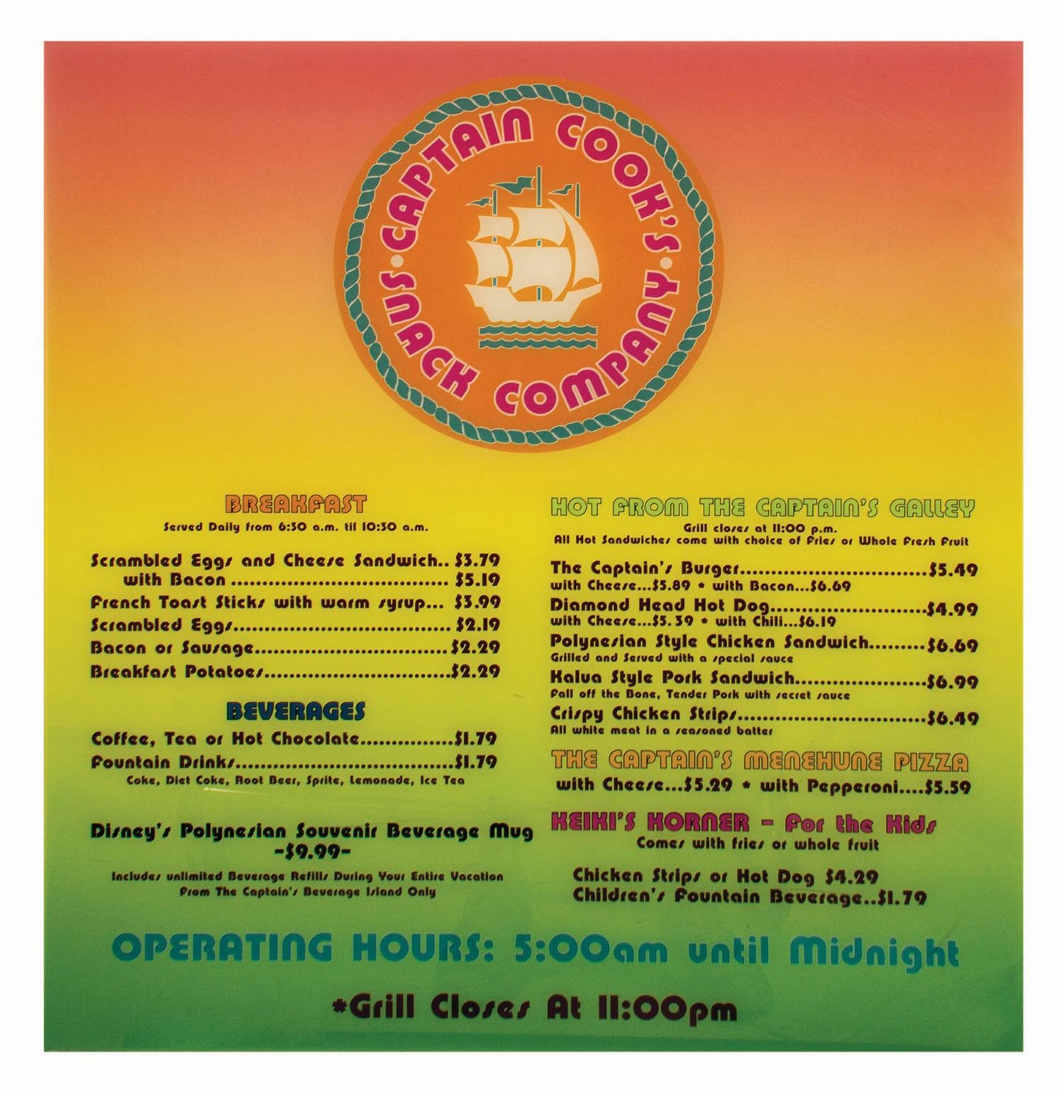 Captain Cook S Menu Polynesian Resort Captain Cook's Menu Sign.