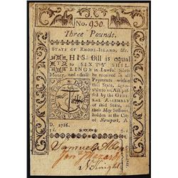 May, 1786 Rhode Island 3 Pounds Colonial Currency Note