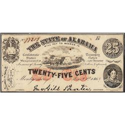 1863 Twenty Five Cents The State of Alabama Obsolete Note