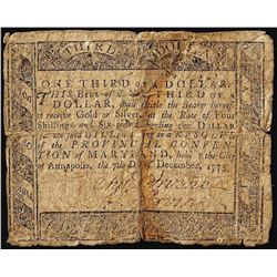December 7, 1775 $1/3 Maryland Colonial Currency Note