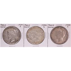 Lot of (3) 1924-S 1926-S 1928-S $1 Peace Silver Dollar Coins