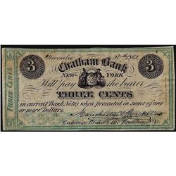 November 20, 1862 Three Cents Chatham Bank, New York Obsolete Note
