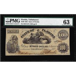 1862 $100 State of Florida Tallahassee Cr.10 Obsolete Note PMG Ch. Uncirculated 63