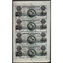 Uncut Sheet of (4) 1800's $1 The State Bank at New Brunswick, NJ Obsolete Notes