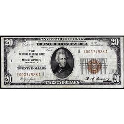 1929 $20 Federal Reserve Bank Note Minneapolis