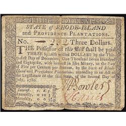 July 2, 1780 $3 Rhode Island Colonial Currency Note