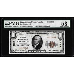 1929 $10 Citizens NB Washington, PA CH# 3383 National Note PMG About Uncirculated 53