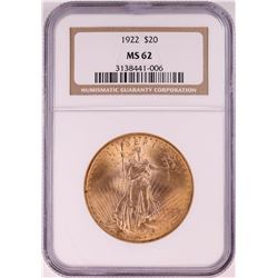 1922 $20 St. Gaudens Double Eagle Coin NGC MS62