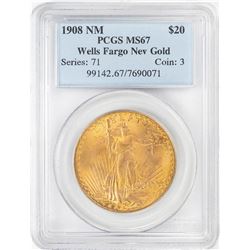 Wells Fargo 1908 No Motto $20 St. Gaudens Double Eagle Gold Coin PCGS MS67