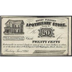 1863 Twenty Cents Mount Pleasant, MA Apothecary Store Obsolete Bank Note