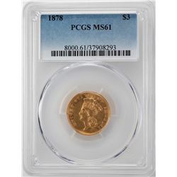 1878 $3 Indian Princess Head Gold Coin PCGS MS61