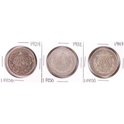 Lot of 1924, 1932, 1943 Mexico Un Pesos Silver Coins