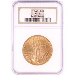 1922 $20 St. Gaudens Double Eagle Gold Coin NGC MS63