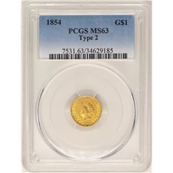 1854 Type 2 $1 Indian Princess Head Gold Dollar Coin PCGS MS63