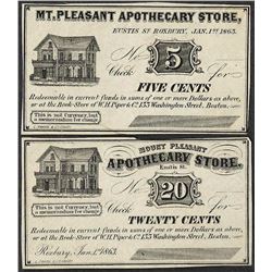 Lot of 1863 Five & Twenty Cents Mount Pleasant, MA Apothecary Store Obsolete Bank Notes