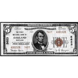 1929 Type 2 $5 First NB in Oakland, Maryland CH# 5623 National Currency Note