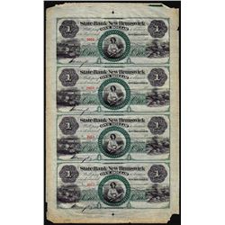 Uncut Sheet of (4) 1800's $1 The State Bank at New Brunswick, NJ Obsolete Notes