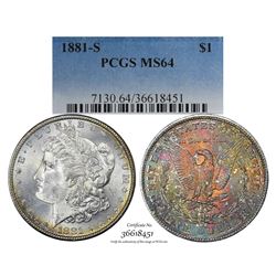 1881-S $1 Morgan Silver Dollar Coin PCGS MS64 Amazing Toning