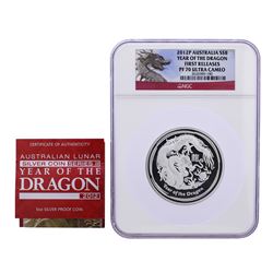 2012 Proof Australia $8 Lunar Series Year of the Dragon 5oz. Silver Coin NGC PF70 w/COA