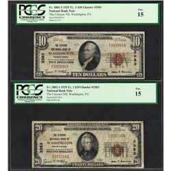 1929 $10/20 Citizens NB Washington, PA CH# 3383 National Currency Notes PCGS F15