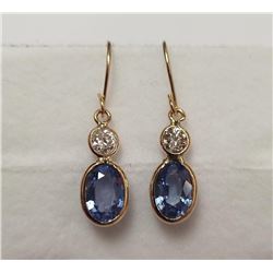 14K Yellow Gold Ceylon Sapphires(2.1ct) Diamond(I, 0.25ct) Earrings, Custom Designed in Canada, Insu