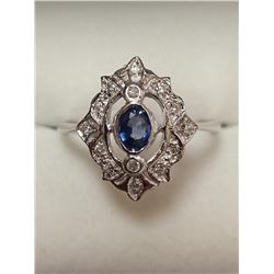 14K White Gold Sapphire(0.33ct) 14 Diamond Vintage Style Ring (~Size 7)(Ring is resizable for $40), 