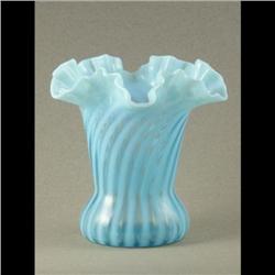 GLASS VASE: Alternating clear with pastel blue swirls rising into a light, almost white rimmed crimp