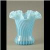 Image 1 : GLASS VASE: Alternating clear with pastel blue swirls rising into a light, almost white rimmed crimp