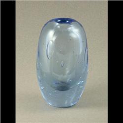ART GLASS: Hand blown blue iridescent egg-shaped vase terminating in a small 3/4  opening at the top