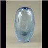 Image 1 : ART GLASS: Hand blown blue iridescent egg-shaped vase terminating in a small 3/4" opening at the top