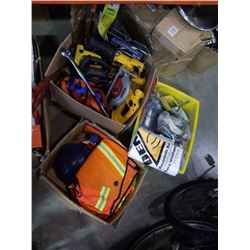 3 BOXES OF SAFETY GEAR, TOOLS, AUTO PARTS, COVERALLS, ETC