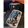 Image 1 : TOTE OF ESTATE GOODS, VINTAGE ROLLER SKATES, FLIPPERS, AND BBQ UNTENSILS