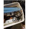 Image 2 : TOTE OF ESTATE GOODS, VINTAGE ROLLER SKATES, FLIPPERS, AND BBQ UNTENSILS
