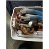 Image 3 : TOTE OF ESTATE GOODS, VINTAGE ROLLER SKATES, FLIPPERS, AND BBQ UNTENSILS