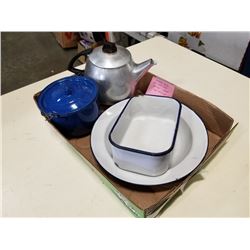 ENAMEL POTS AND PANS AND KETTLE