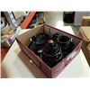 Image 1 : 7 PIECES DECORATIVE COLOURED CERAMIC WARE ON BLACK BACKGROUND - 5IN TALL ROUND BODY VASE, 7IN BALLUS
