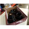 Image 2 : 7 PIECES DECORATIVE COLOURED CERAMIC WARE ON BLACK BACKGROUND - 5IN TALL ROUND BODY VASE, 7IN BALLUS