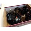 Image 3 : 7 PIECES DECORATIVE COLOURED CERAMIC WARE ON BLACK BACKGROUND - 5IN TALL ROUND BODY VASE, 7IN BALLUS