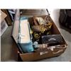 Image 1 : BOX OF COLLECTABLES, SILVER PLATE TRAYS, GOLF PUTT TRAINER, HARMONICA AND CAMERA LENS