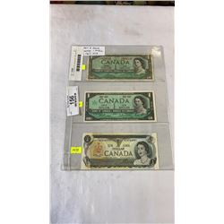 LAST 3 ISSUES OF CANADIAN 1 DOLLAR BILL 1954, 1967, 1973