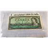Image 2 : 3 CIRCULATED 1954  1 DOLLAR CANADIAN BILLS